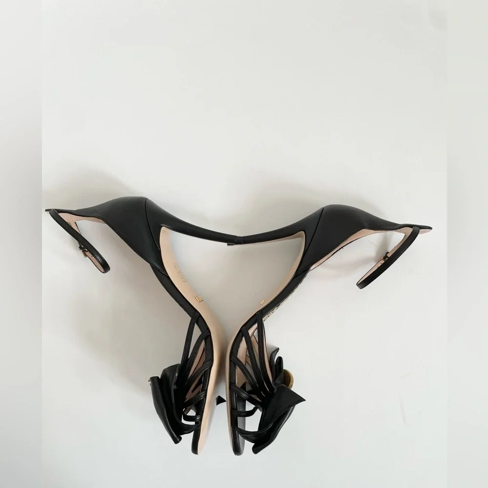Gucci Black Nappa Leather Charlotte Queen Margaret bee embellished heels EU 38.5 - Picture 5 of 10